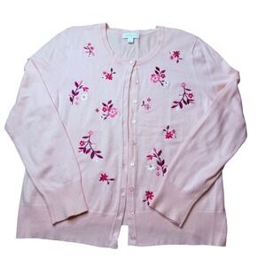 Charter Club Cardigan Womens PL Pink Floral Embroidered Button Front Sweater
